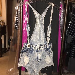 Distressed Blue Denim Overall Shorts